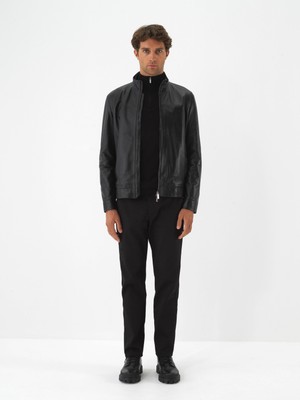 Erkek Siyah Gerçek Deri Regular Fit Mont