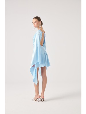 Sırtı Açık Ispanyol Kol Saten Halle Elbise Mavi