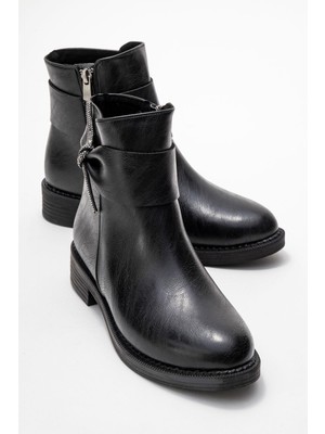 Yan Kurdele Taşlı Tokalı Bot Siyah Cilt