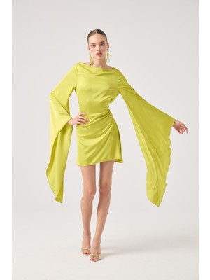Sırtı Açık Ispanyol Kol Saten Halle Elbise Yeşil