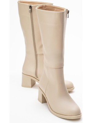 Topuklu Kadın Çizme Bej Cilt