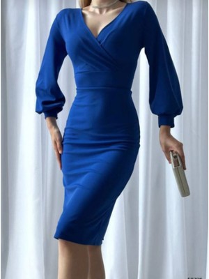 Moda Feminen Kruvaze Yaka Uzun Kollu Ithal Krep Kumaş Midi Boy Abiye Elbise