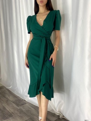 Kruvaze Yaka Kısa Kol Volanlı Kuşaklı Midi Boy Elbise Zümrüt 581811
