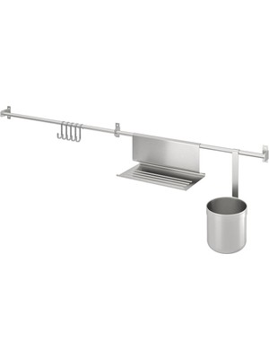 Duvar Rayı, Paslanmaz Çelik, 112 Cm, Kancalı, Kutulu ve Tablet Standlı