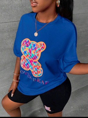 Kadın Lover Bear Baskılı Tayt-T-Shirt Takım Oversize Salaş Boyfriend