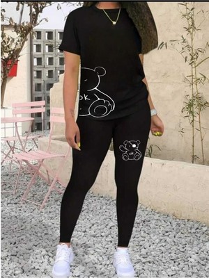 WOODROFFE Kadın Oversize T-Shirt Tayt Takım Salaş Kombin Boyfriend Düz Desenli Rahat Kullanım