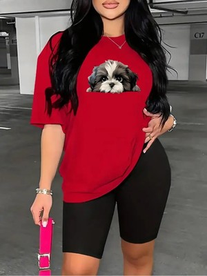 Kadın Şık Köpek Baskılı Kısa Tayt T-Shirt Takım Kombin Oversize Salaş Boyfriend