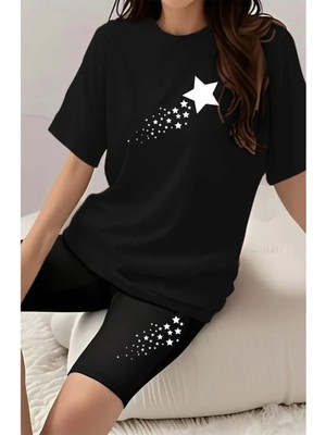 Kadın Kayan Yıldız Baskılı Kısa Tayt T-Shirt Takım Kombin Oversize Salaş Boyfriend