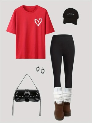Kadın Minimal Kalp Baskılı T-Shirt Uzun Tayt Kombin Oversize Takım Salaş Boyfriend