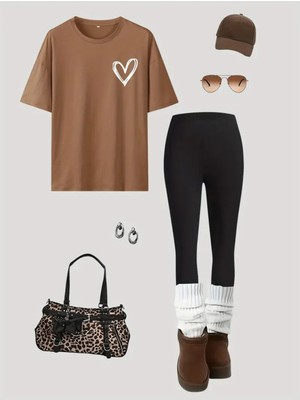 Kadın Minimal Kalp Baskılı T-Shirt Uzun Tayt Kombin Oversize Takım Salaş Boyfriend