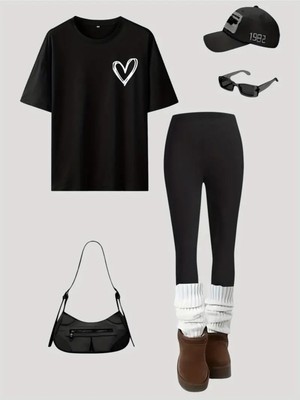 Kadın Minimal Kalp Baskılı T-Shirt Uzun Tayt Kombin Oversize Takım Salaş Boyfriend