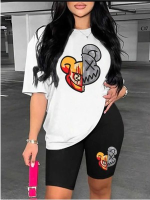 Baskılı Kısa Tayt Oversize Salaş Boyfriend T-Shirt Takım