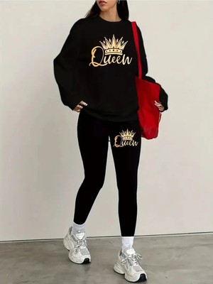 Kadın Siyah Tayt - Sweatshirt Takım 2'li Kombin Oversize Salaş Boyfriend