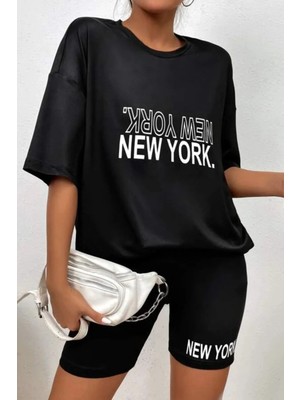 Kadın Baskılı Tayt T-Shirt Takım Kombin Oversize Salaş Boyfriend