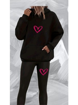 Kadın Özel Baskılı Oversize Siyah Kapşonlu Sweatshirt-Tayt Takım Salaş Kombin Boyfriend