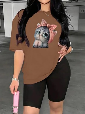 Kadın Sevimli Kedi Baskılı T-Shirt Tayt Takım Kombin Oversize Salaş Boyfriend