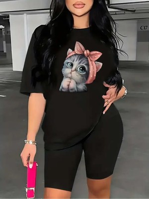 Kadın Sevimli Kedi Baskılı T-Shirt Tayt Takım Kombin Oversize Salaş Boyfriend