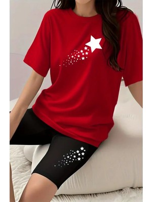 Kadın Kayan Yıldız Baskılı Kısa Tayt T-Shirt Takım Kombin Oversize Salaş Boyfriend