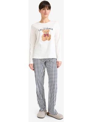 DeFacto Pijama Takımı Regular Fit Ayıcıklı Uzun Kollu Üst Kareli Uzun Alt G2169AX25AU