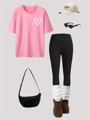 Kadın Minimal Kalp Baskılı T-Shirt Uzun Tayt Kombin Oversize Takım Salaş Boyfriend