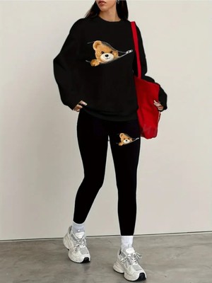 Kadın Siyah Tayt - Sweatshirt Takım 2'li Kombin Oversize Salaş Boyfriend