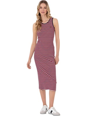 Kadın Lacivert Çizgili Kolsuz Bisiklet Yaka Midi Boy Örme Elbise 2171515