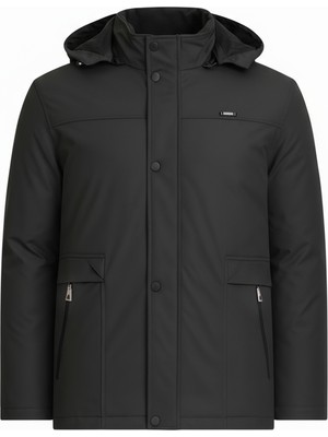 Erkek Siyah %100 Su ve Rüzgar Geçirmez Kürklü Çıkartılabilir Kapüşonlu Mont&kaban