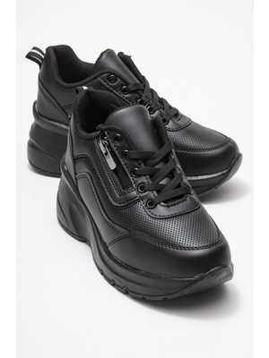 Kadın Fermuarlı Bağcıklı Spor Ayakkabı; Siyah Mat