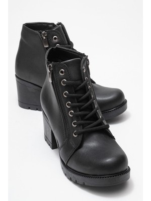 Ccway Kadın Bağcıklı Topuklu Bot SİYAH CİLT