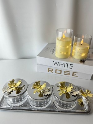 Gümüş Renk 3'lü Cam Kelebek Kapaklı Çerezlik ve Baharatlık Seti