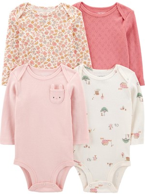Carter's Kız Bebek Uzun Kollu 4lü Body Düz Model Pamuklu Kumaş Özellikleri ile Rahat Kullanım