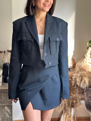 Kadın Lacivert Crop Ceket Mini Etek Takım