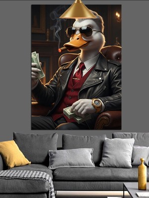 Takım Elbiseli Para Sayan Ördek Dekoratif Kanvas - Mdf Ahşap Tablo