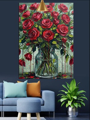 Vazoda Kırmızı Gül Buketi Dekoratif Kanvas - Mdf Ahşap Tablo