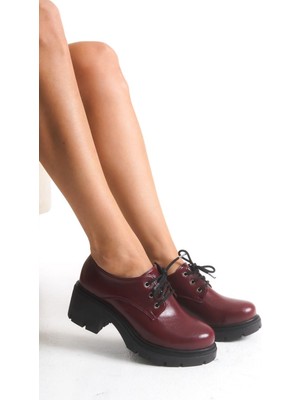 K-707 Bordo Kırışık Rugan Yüksek Tabanlı Bağcıklı  Loafer Ayakkabı