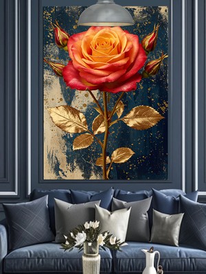 Altın Yapraklı Kırmızı Gül Dekoratif Kanvas - Mdf Ahşap Tablo