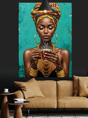 Afrikalı Kadın Çay Içiyor Dekoratif Kanvas - Mdf Ahşap Tablo