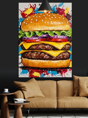 Soslu Büyük Hamburger Dekoratif Kanvas - Mdf Ahşap Tablo