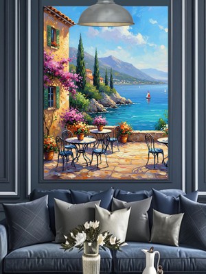 Deniz Kenarında Masa ve Sandalyeler Dekoratif Kanvas - Mdf Ahşap Tablo