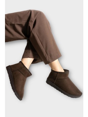 Mini Süet Içi Kürklü Alçak Taban Bilekte Kısa Kadın Bot Kahverengi