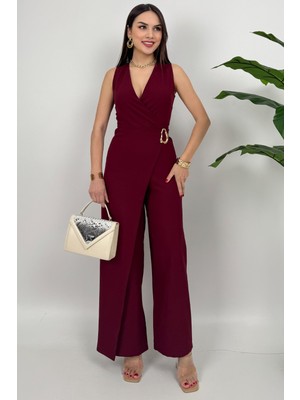 Dolcha Kadın Kemer Detaylı Askılı Bol Paça Bordo Tulum Pamuk Polyester Yazlık Kombin