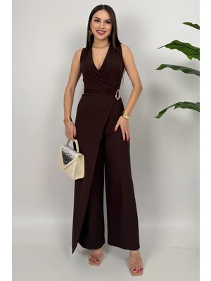 Crimson Icon Kadın Kemer Detaylı Askılı Bol Paça Kahve Tulum – Rahat Şık Yazlık Kombin