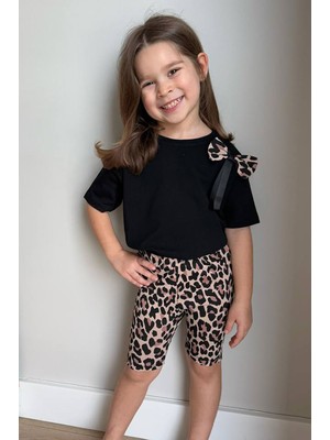 Fiyonk Detaylı Yazlık Leopar Desen Şortlu Kız Çocuk Takım