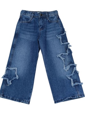 Kız Çocuk Yıldız Detaylı Likrasız Beli Lastik Ayarlamalı Mavi Renk Kot Pantolon