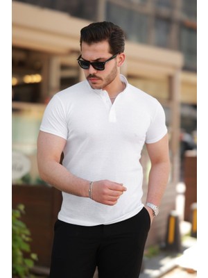 Erkek Hakim Yaka Dokuma Pamuklu Kumaş Kısa Kollu T-Shirt