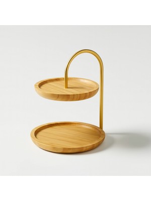 Bambu Çift Katlı Sunum Standı, Dekoratif Yuvarlak Altın Renkli Set