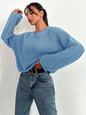 Salaş Delik Detaylı Kazak Mavi