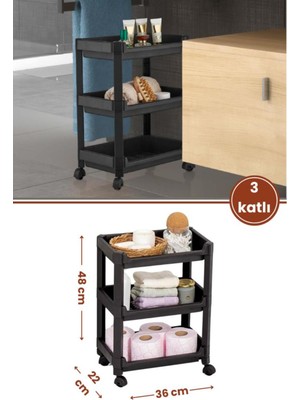 3 Katlı Tekerlekli Organizer Raf, Mutfak Banyo Temizlik, Siyah (22X36X48CM)