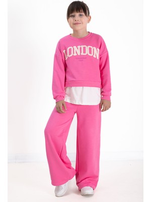 Pembe London Yazılı Nakışlı Kız Çocuk Geniş Paça Eşofman Takımı 22724