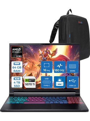 Acer Nitro V 16S Aı AN16S Amd Ryzen™ Aı 9 365 64GB Ddr5 4tb SSD 12GB/RTX5070Tİ 110W 16"qhd+ 2560X1600 180Hz IPS Freedos Gaming Bilgisayar. NHU07EY001F20+ZETTAÇANTA